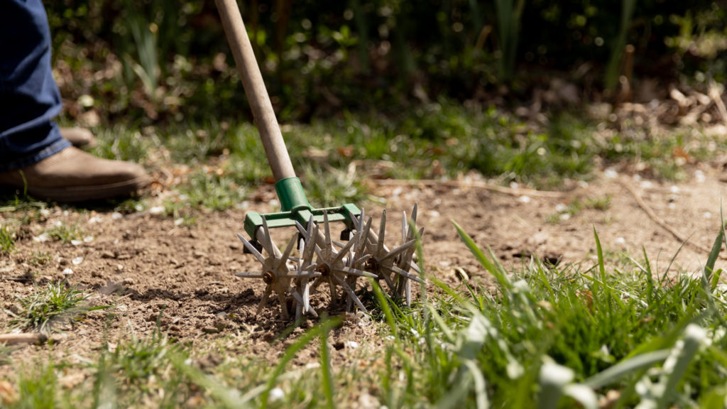 A tool moves over soil in a backyard
