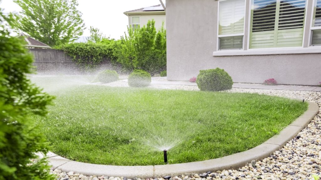 A sprinkler waters a lawn